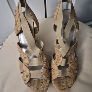 Impo Cork-Style Wedge Sandals with Tan Elastic Straps